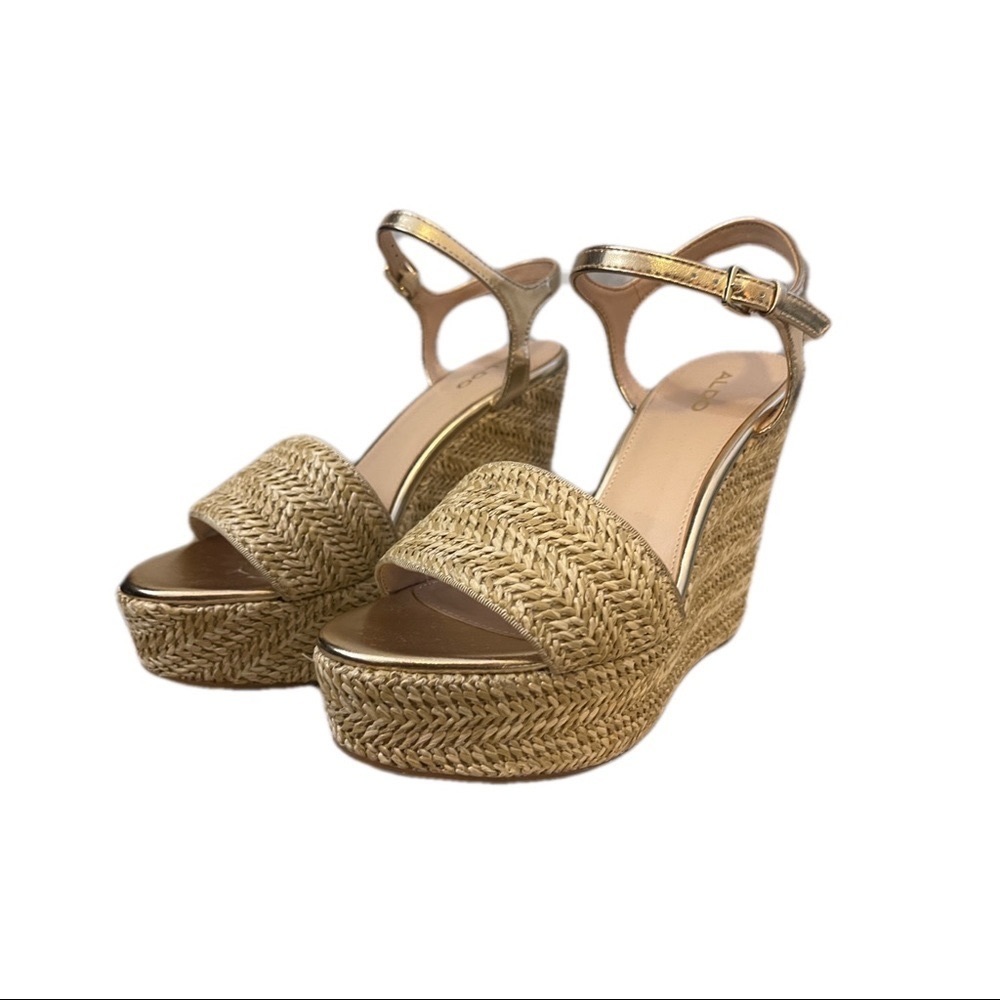 Aldo Gold and Tan Wedge Sandals